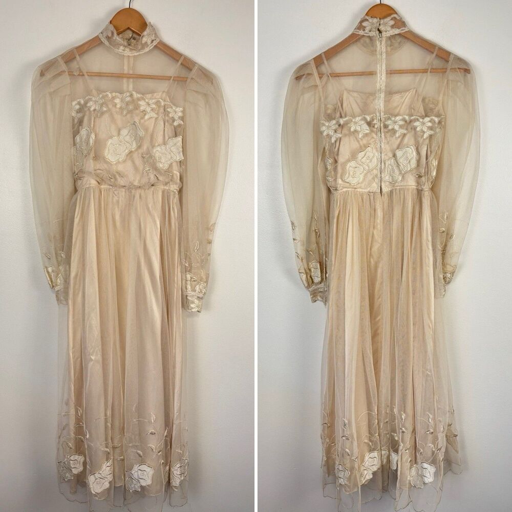 VTG 70s 80s ILGWU Ivory Mesh Lace Applique High Neck Bridal Midi Dress Sz 8